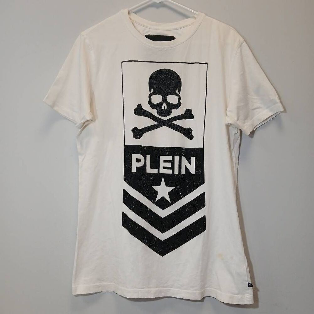 Phillip plein mens medium skull graphic studded tshirt white black